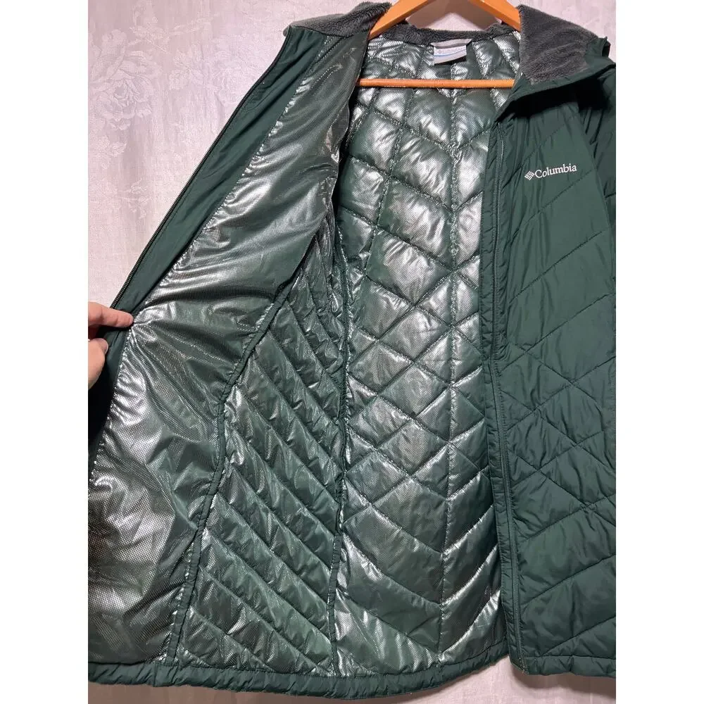 Columbia Puffer Coat Small Green Omni Heat Long Full Zip Heavenly Hooded